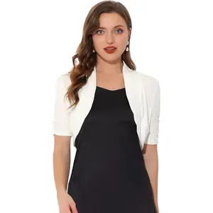 Short Sleeve Shrugs for Women's Ruched Sleeve Open Front Cropped Bolero Cardigan