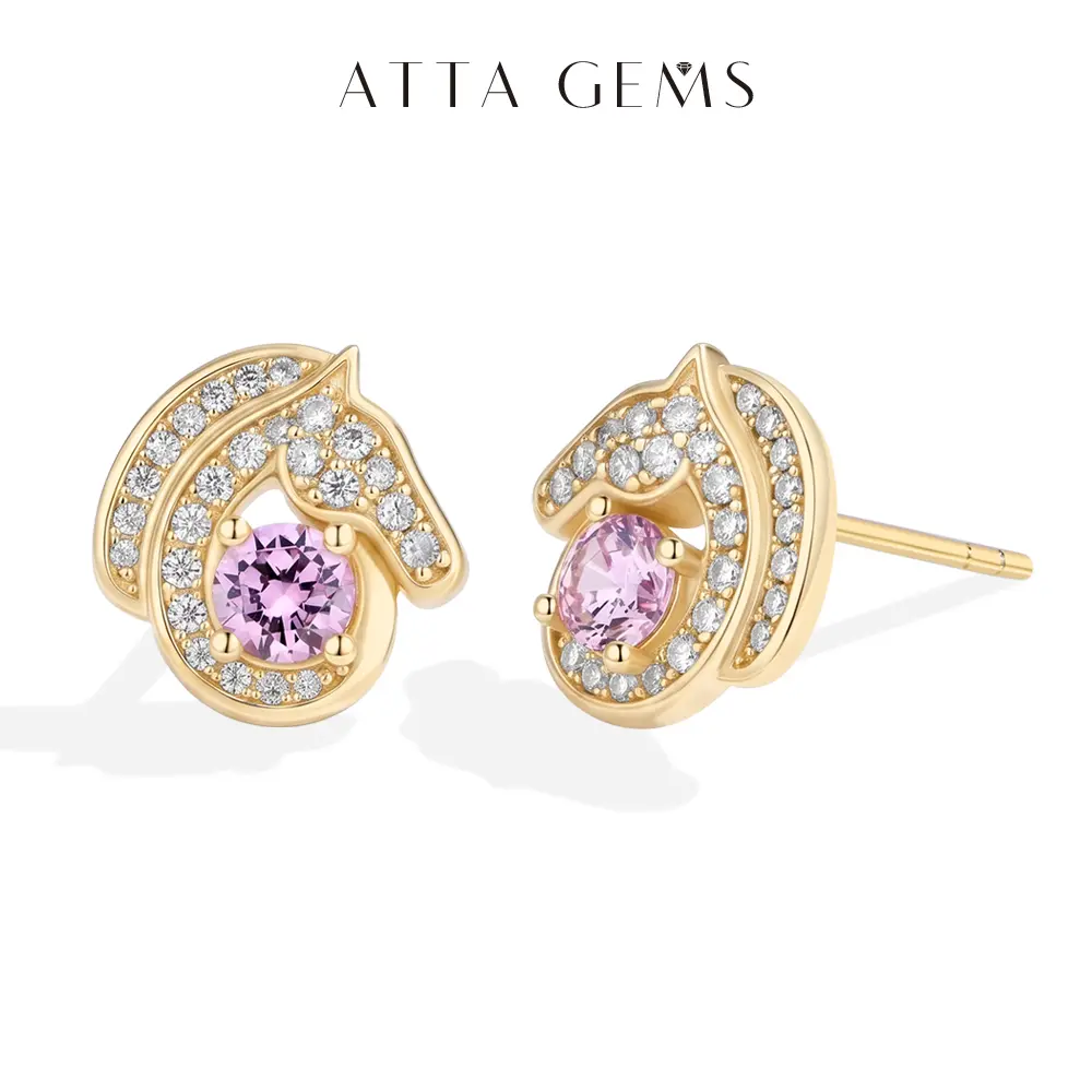 ATTAGEMS Horse Shape Lab-Created Moissanite Stud Earrings for Women, 925 Sterling Silver Earrings Pink Stone Anniversary Jewelry, E082 Model, Elegant Everyday Earrings, Birthday Gift