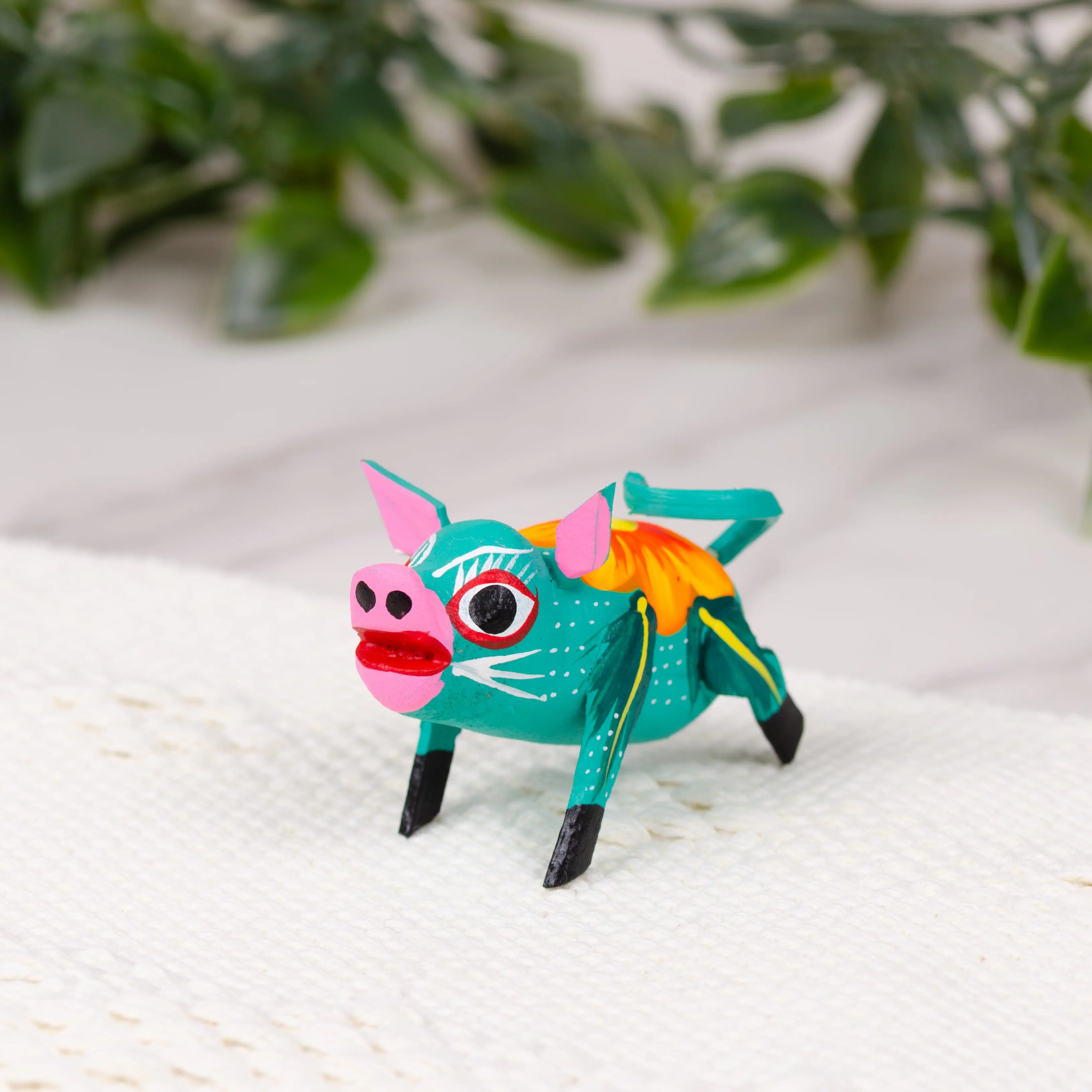 Hand Painted Piglet Wooden Figurine - Oaxacan Art, Small Size Cute Collectibles, Collectible Figurines for Home Decor, Room Decor Ornament with Flower Accents