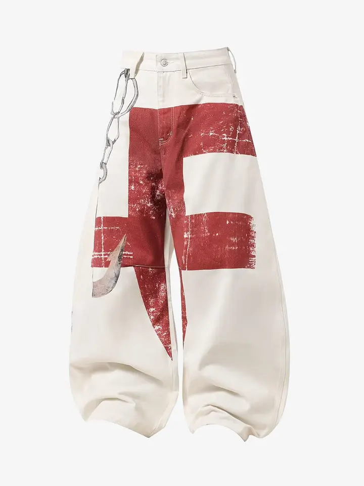 Thesupermade 3D Chain Print Distressed Canvas Baggy Pants | Oversized Sculpted Industrial Streetwear Pants Men Women