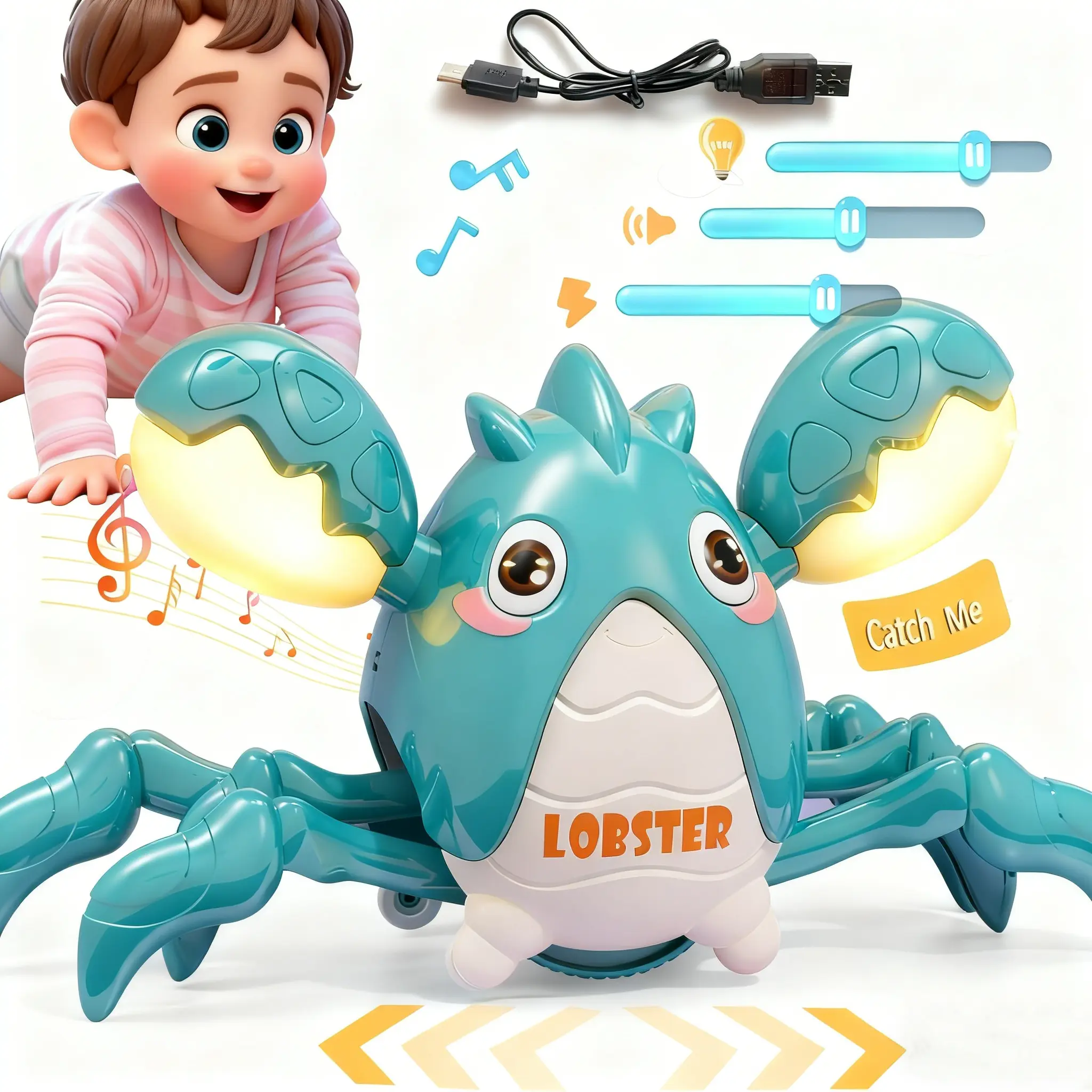 Lifelike Moving Lobster Toy for 0-3 Years Olds - Playful Science & Technology Toy, Musical Audio, Bright Lighting, Crawling Sensory Tummy Time Early Development Unisex First Birthday Gift