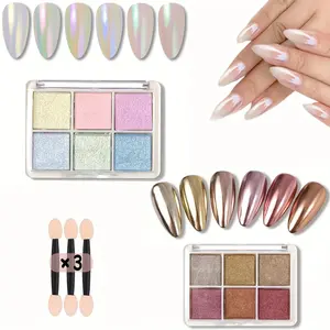 Iridescent Aurora Nail Powder with Sponge Sticks, 6 Color Metallic Mirror Effect Pigment Powder for Nail Art, Pearlescent Mermaid Pigment, Pearl Glitter Dust Kit, Diamond Shimmer, Nail Decoration