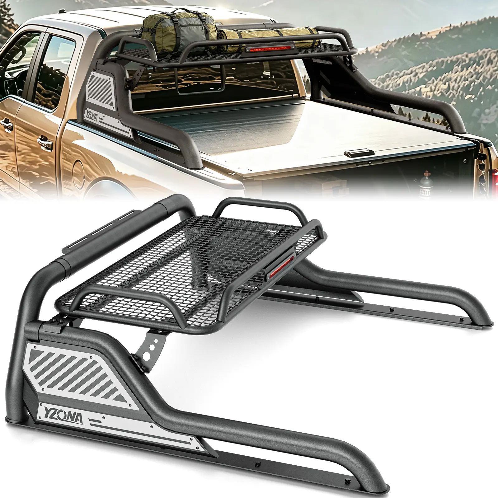 【Yzona】Truck Accessories Sport Roll Bar Bed Rack, Adjustable 55"-59.8" with Brake Light for Jeep Gladiator, Chevrolet Colorado, GMC Canyon, Nissan Frontier, Ford Ranger, Honda Ridgeline Pickup Trucks