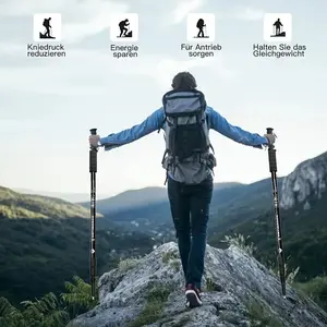 Outdoor trekking pole with four adjustable sections, lightweight aluminum alloy body and anti-slip grip, suitable for hiking, mountain trekking, forest trail walking and camping trips