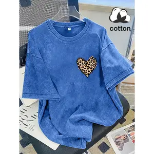 Men's Stretch Cotton T-Shirt - Round Neck, Short Sleeve, Vintage Streetwear, Retro Wash, INS-Inspired Leopard Print Heart, Loose Casual Menswear Fashion Apparel, Summer Essential Tshirt, Vintage Graphic Tees, Men's Graphic Tees