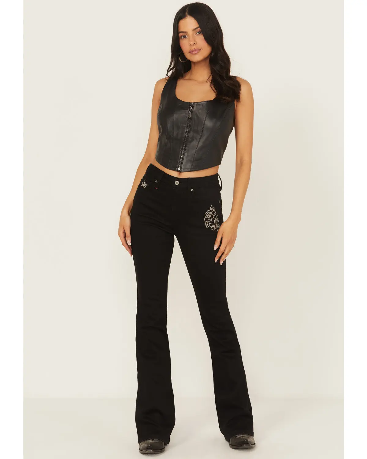 Outlaw High Rise Flare Embroidered Super Stretch Denim Jeans