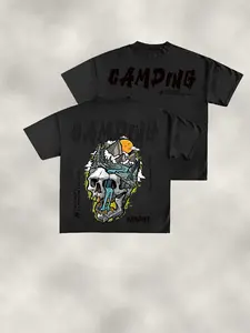Camp Skull Landscape Print Short Sleeve Tee, Vintage Street Style Loose Fit Round Neck Top, Unisex Casual Fashion Summer Essential