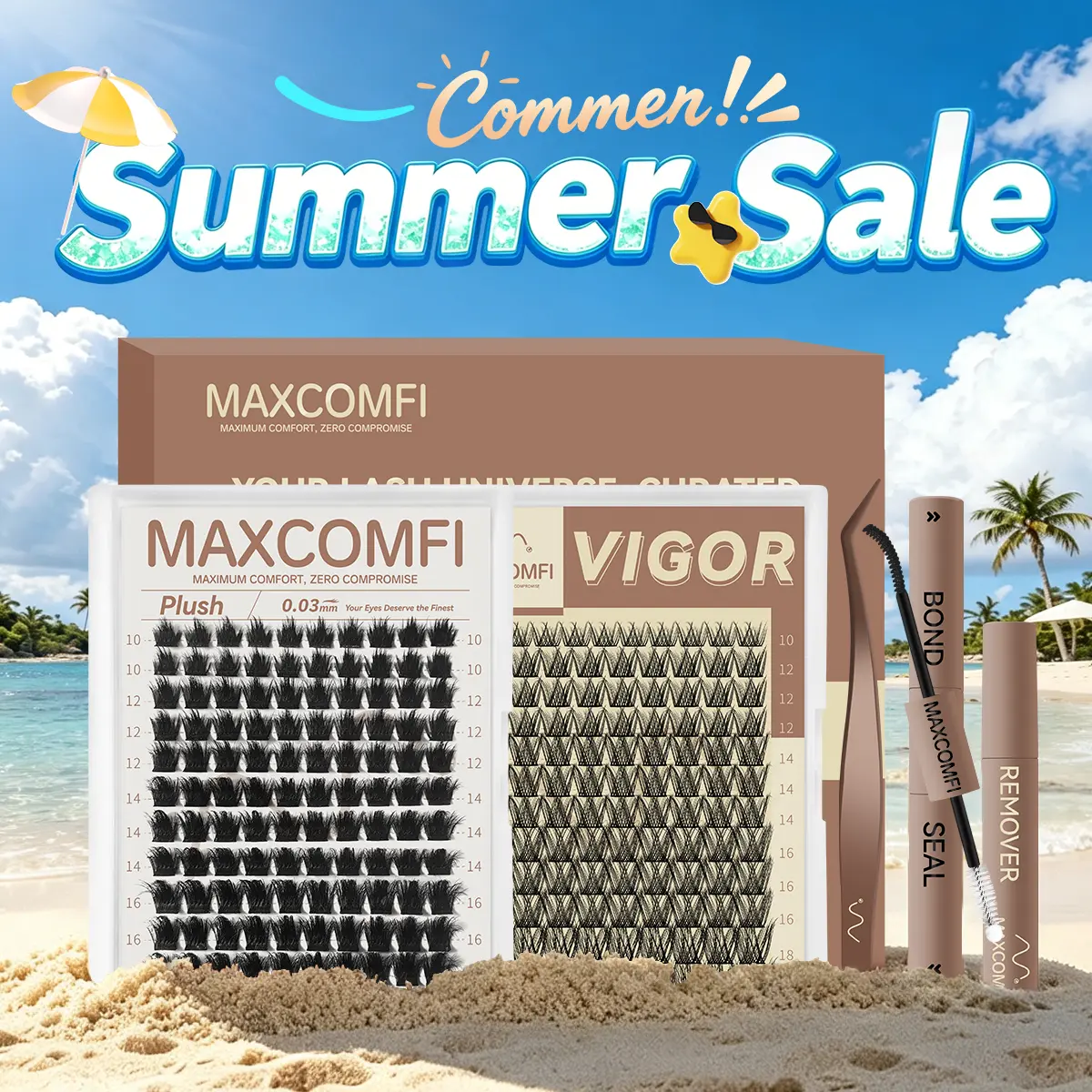 MaxComfi False Eyelashes - Plush or VIGOR Volume Lashes, Fluffy Lash Clusters, Thin Band, Gentle Fit, Waterproof, Long-Lasting, Beginner-Friendly for Natural Daily Use, Summervibes Cosmetic Makeup, Cluster Lashes,sunscreen