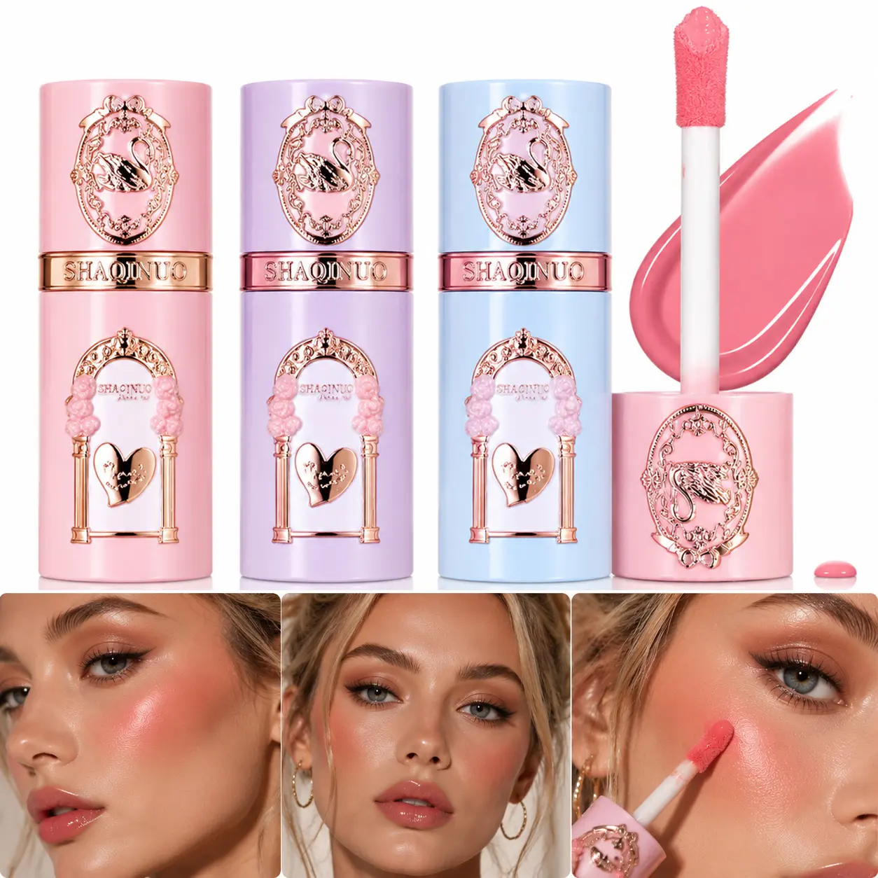 6PCS，Swan Garden Blush Liquid, natural dewy finish, easy to blend and lightweight, delicate and smooth with a glossy feel, waterproof, suitable for daily commuting, Christmas, Halloween, and holiday gifts