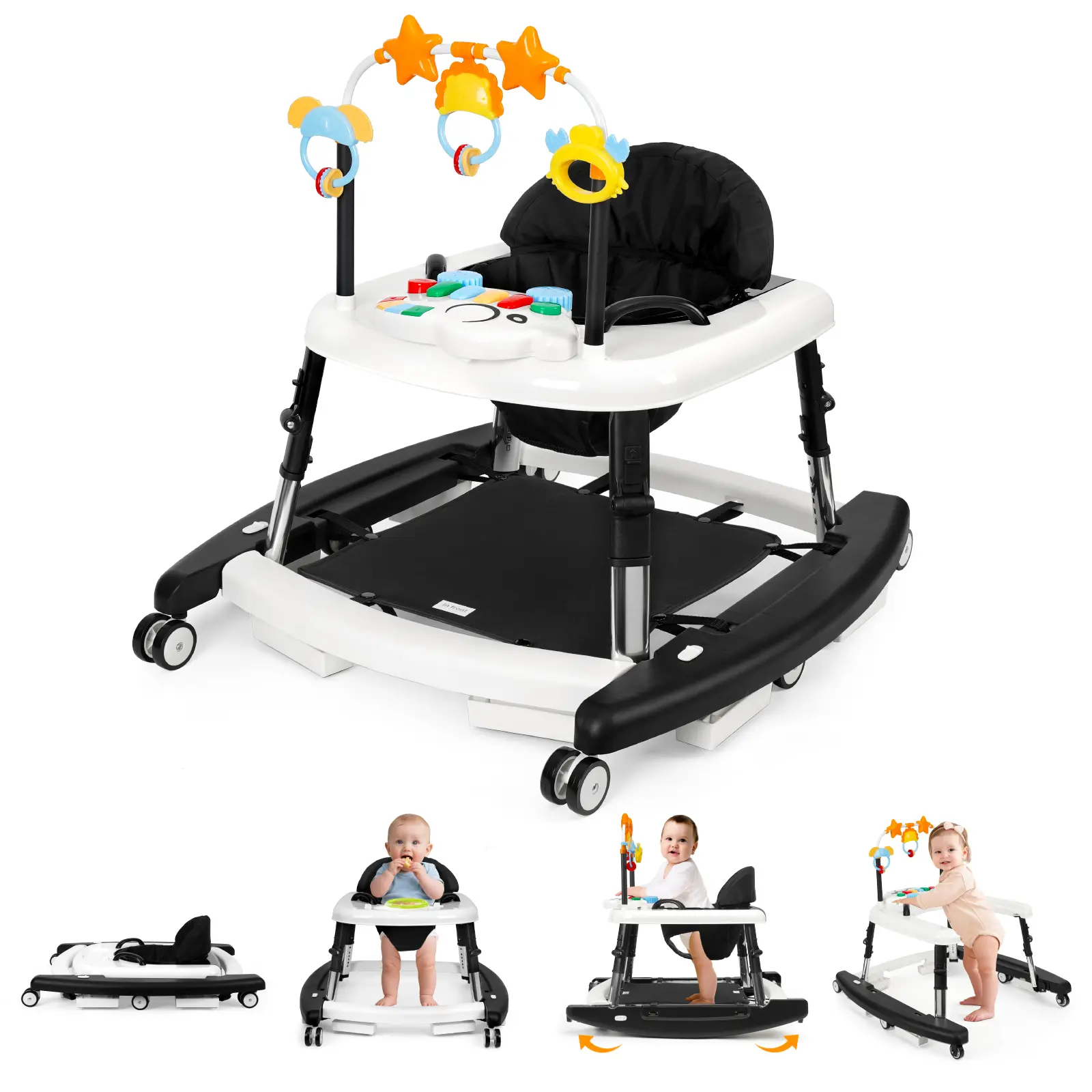 5-in-1 Baby Walker for 6-18 Months Infants, Foldable & Adjustable Activity Walker with Bouncer, Music, Feeding Tray & Removable Footrest for Boys & Girls
