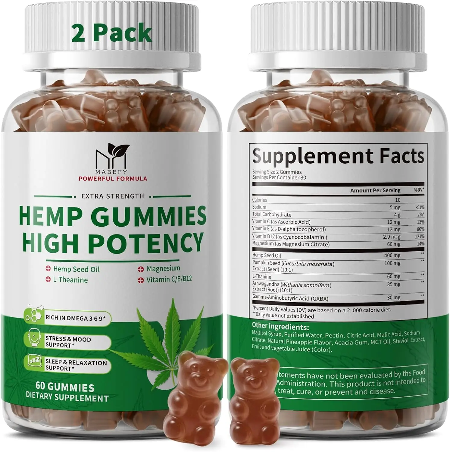 2 Pack Hemp Gummies for Sleep, Stress, Relax & Calm, High Potency Extra Strength with Magnesium, Vitamins, Pumpkin Seed, Ashwagandha, GABA, L-Theanine, Pineapple Flavor, 120 Bears Gummies, Vegan | Sleep, Stress, Relax & Calm Support,