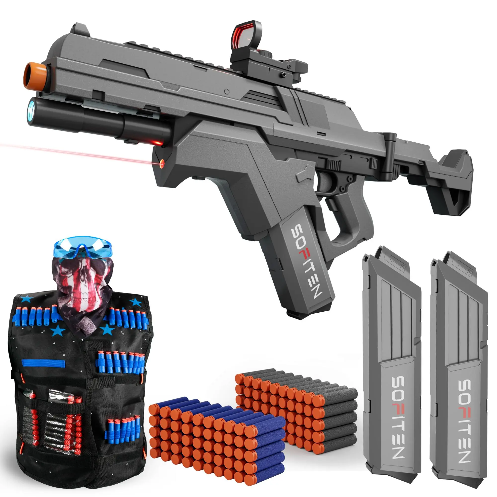 SOFITEN Ascend N,7.4V High Speed Full Auto Toy foam blaster set with Tactical Vest / Infrared / Flashlight / Power Indicator&Foldable Stock / 2 type darts, Toy gun set ideal for 8+ boys girls; For Gift party outdoorfun #summerwins #dealsforyoudays