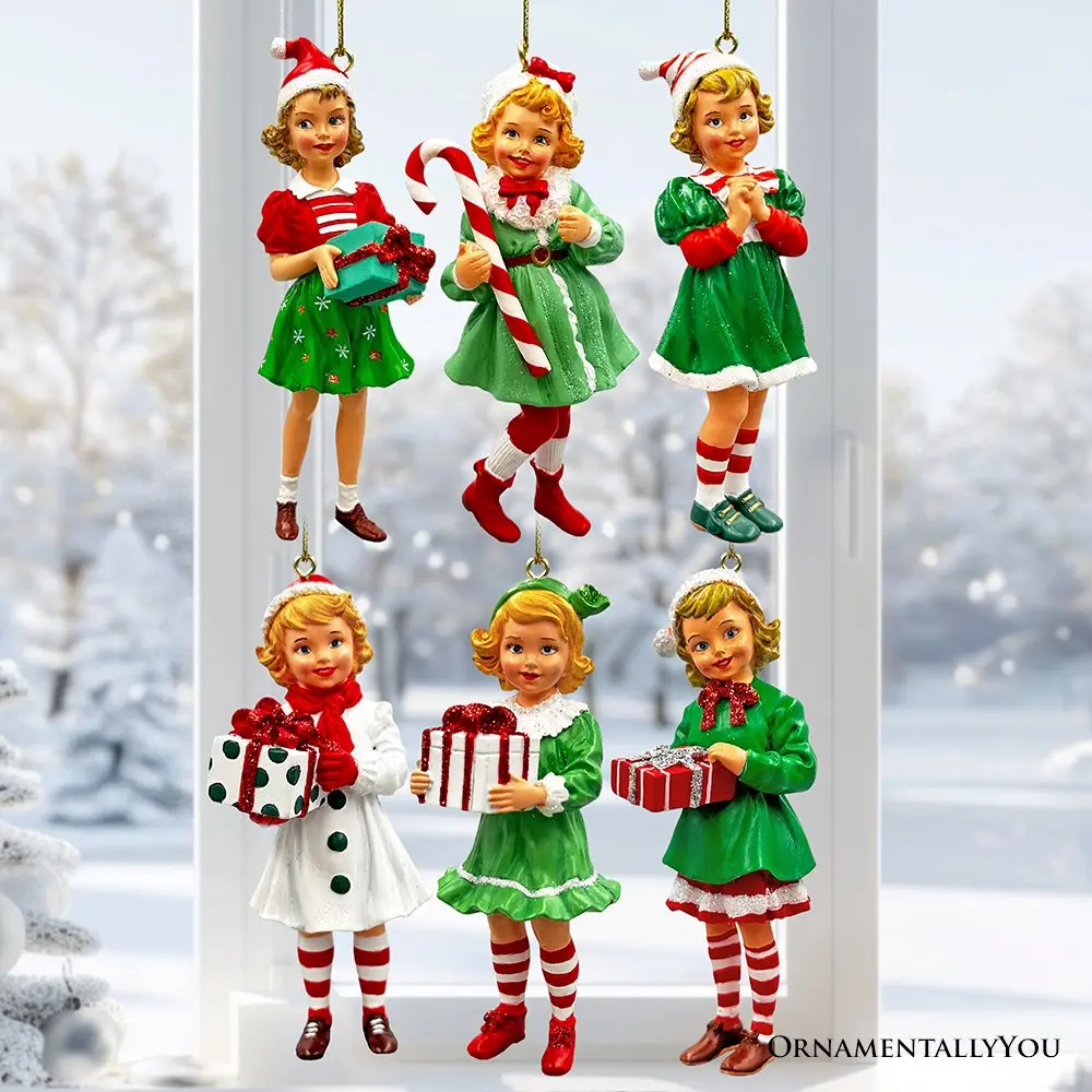 Nostalgic Victorian Christmas Girl Charming Set of 6 Ornaments, Vintage Old Fashioned Resin Holiday Decoration