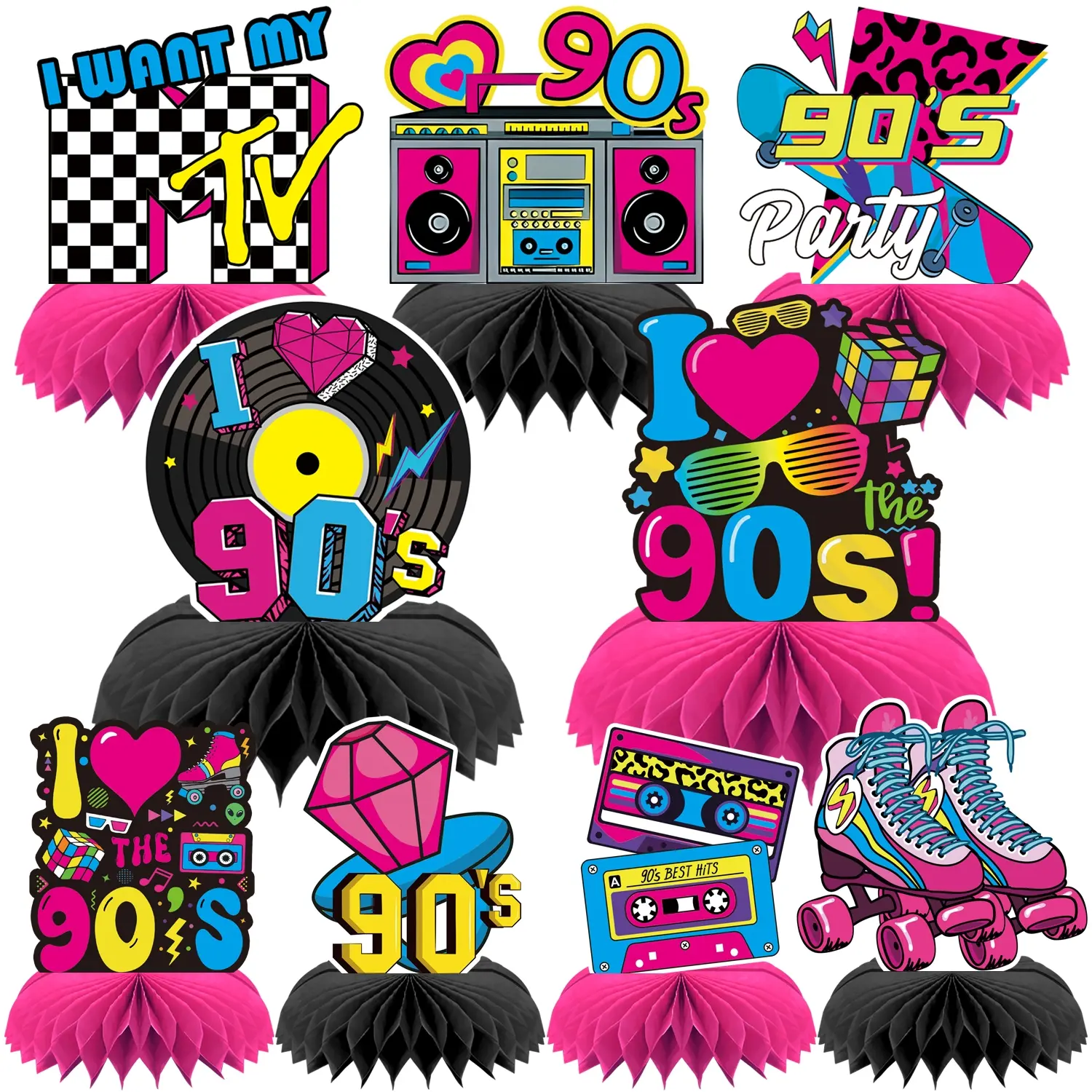 9 Sets Disco 3D Honeycomb Party Centerpieces, Retro 90s Style Party Decoration Supplies, Neon Night Birthday Props, Desktop Paper Ornaments, Tabletop Decor, Versatile Party Use
