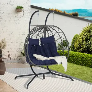 Double Egg Chair with Stand Patio Rattan Wicker Hanging Swing Egg Chair Hammock Chair for Bedroom Porch Garden,Sturdy Heavy-Duty Steel Frame and UV Resistant Cushion,600LBS Capacity