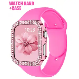 Double Row Diamond-Encrusted Hard PC Protection Durable Case + Sport Silicone Strap, Smart Watch Accessories for Apple Watch, Compatible with Ultra/11/10/9/8/7/6/5/4/3/se, Smartwatch Accessories