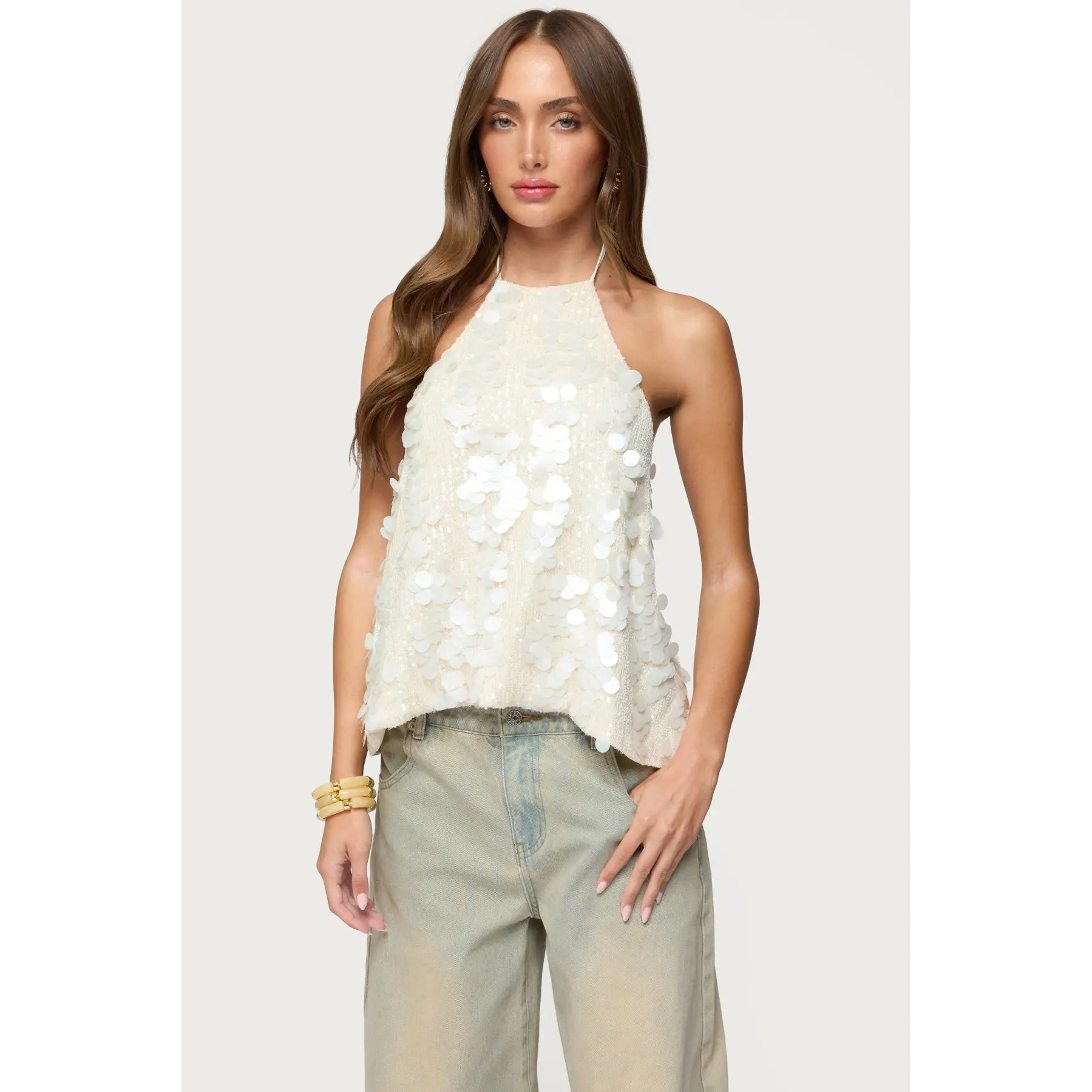 Ellorie Backless Sequin Halter Top