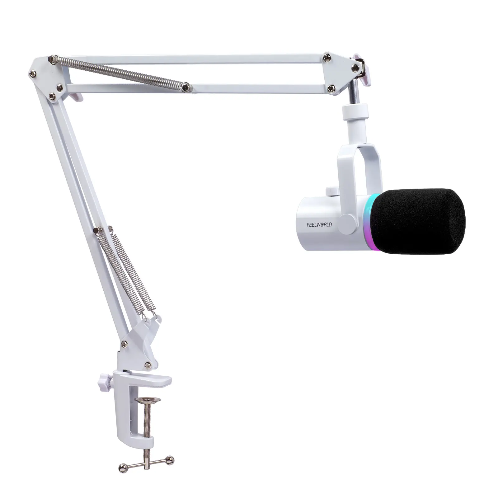 FEELWORLD PM1 XLR USB Dynamic Microphone with Boom Arm Stand for Podcast Recording PC Computer Gaming Live Streaming Vocal Voice-Over, Studio Metal Mic, RGB Light, Mute Button, Headphones Jack (White)