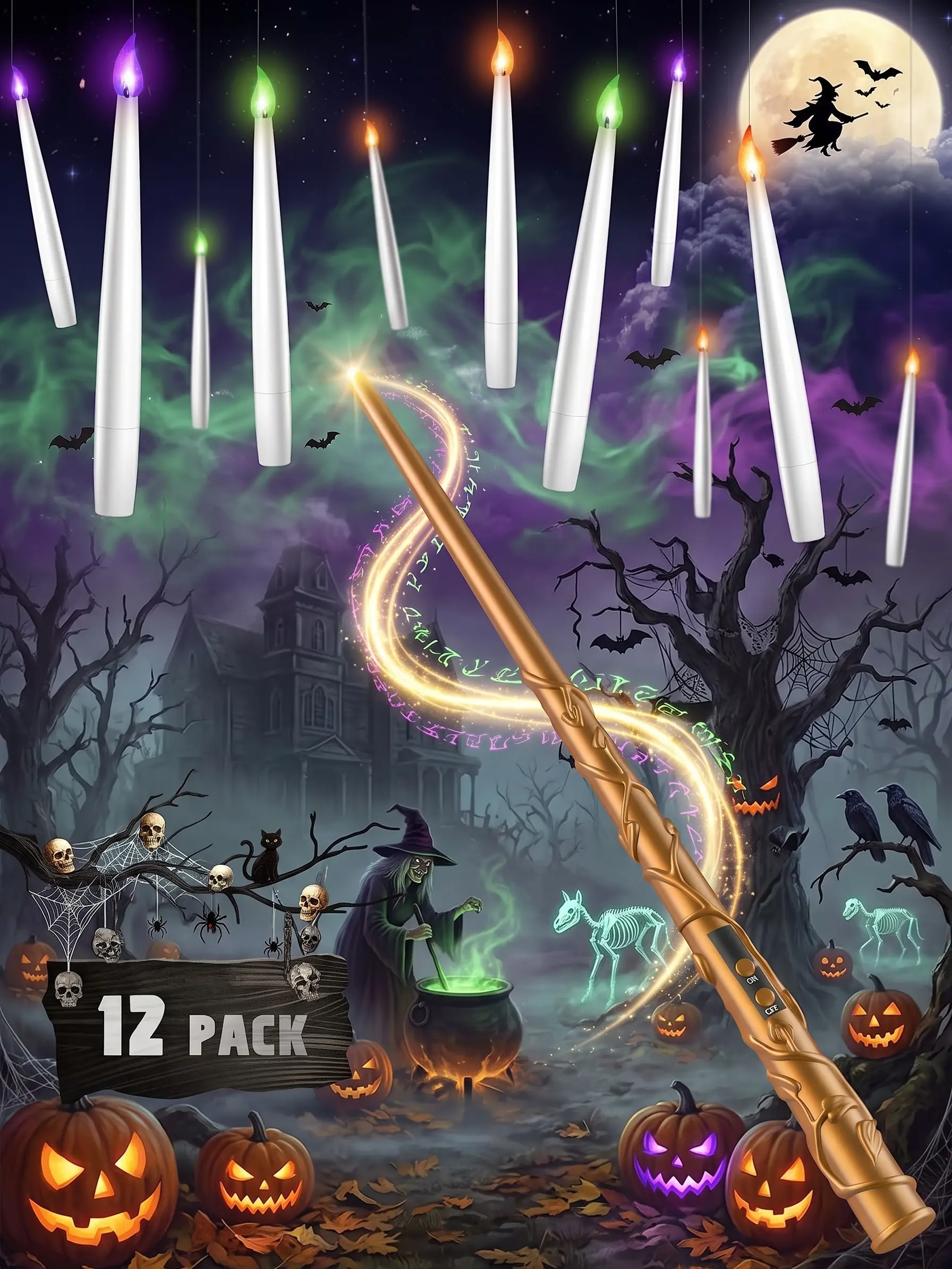 12 Pack Floating Flameless Candles with Wand Remote — Magic Flickering LED Hanging Halloween  Party Decor
