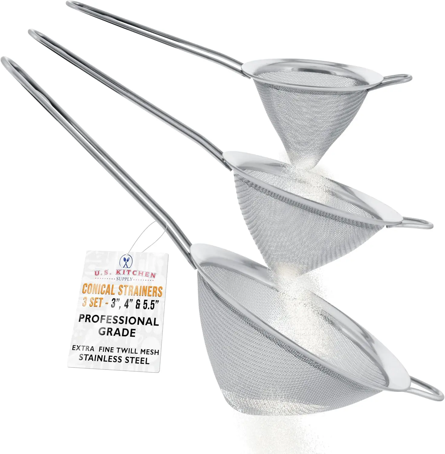 Multi-Size Stainless Steel Conical Strainers Set of 3 - Durable Thick Handles, 3in/4in/5.5in Chinois Style Extra Fine Twill Weave Mesh Conical Shape Strainers for Kitchen, Tea Straining