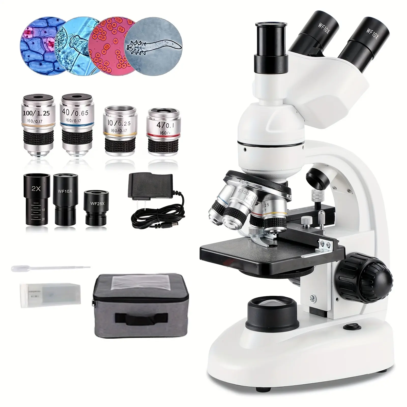 Adult Optical Microscope with WF10x/25x Eyepieces, 4x,10x,2x Lenses, 185 Objective Lens, 40x-5000x Magnification, USB Camera, Visual Learning Tool for Students, Office School Lab Bacteria Observation Supplies