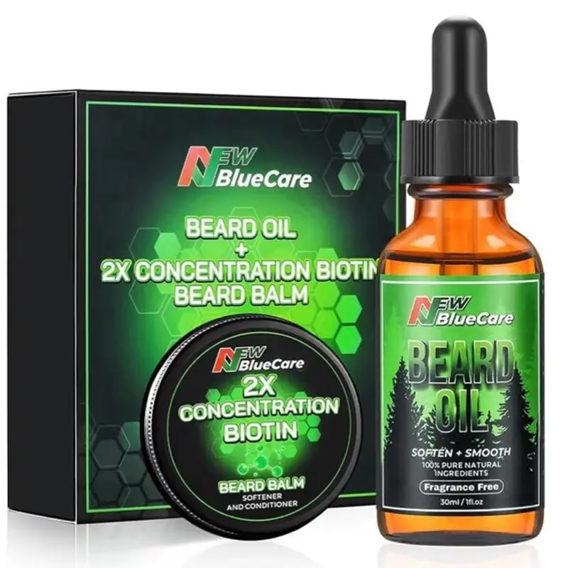 New BlueCare Beard Oil & Balm Kit for Men - 2X Biotin Concentration - Natural Jojoba & Argan - Soften & Moisture - 30ml/11.8oz