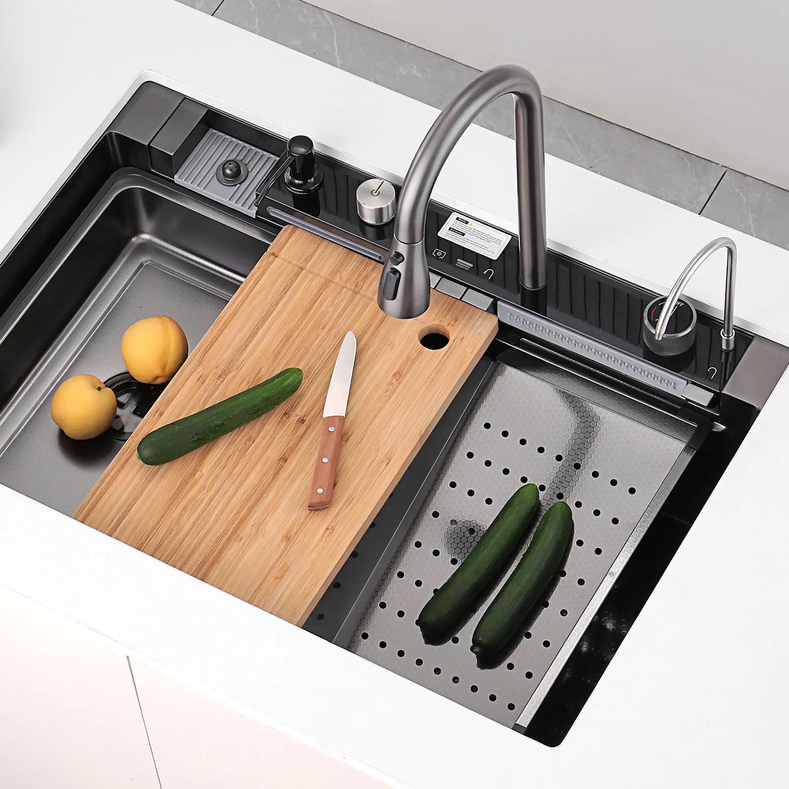 Lefton 33"x22" Stainless Steel Waterfall Kitchen Sink with Temperature Display in Fahrenheit, Pull-down Faucet, Waterfall & Rainfall Outlet, Drain Basket, Metal tray, Cutting Board, KS2206L-PRO