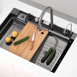 Lefton 33"x22" Stainless Steel Waterfall Kitchen Sink with Temperature Display in Fahrenheit, Pull-down Faucet, Waterfall & Rainfall Outlet, Drain Basket, Metal tray, Cutting Board, KS2206L-PRO