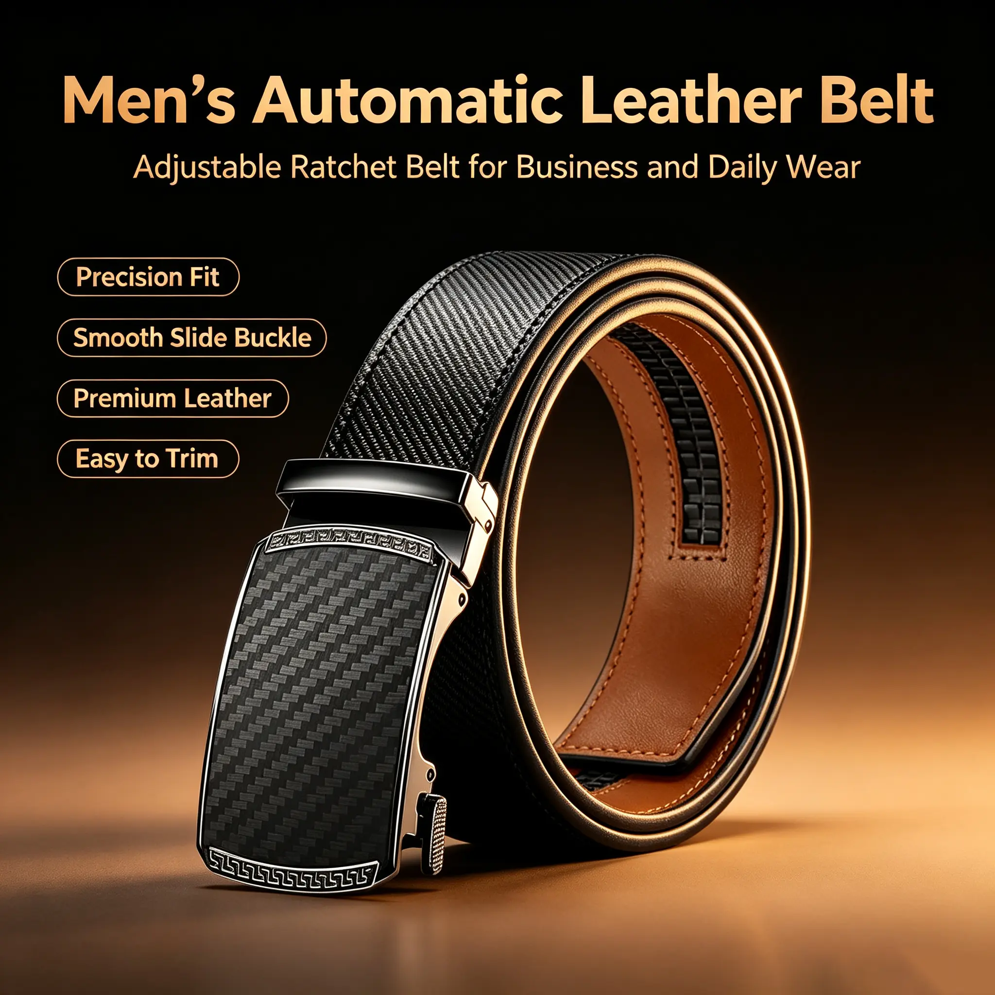 Men's Leather Ratchet Belt with Easy Release, Adjustable for Dress & Casual Wear, Ideal Party Gift for Fathers