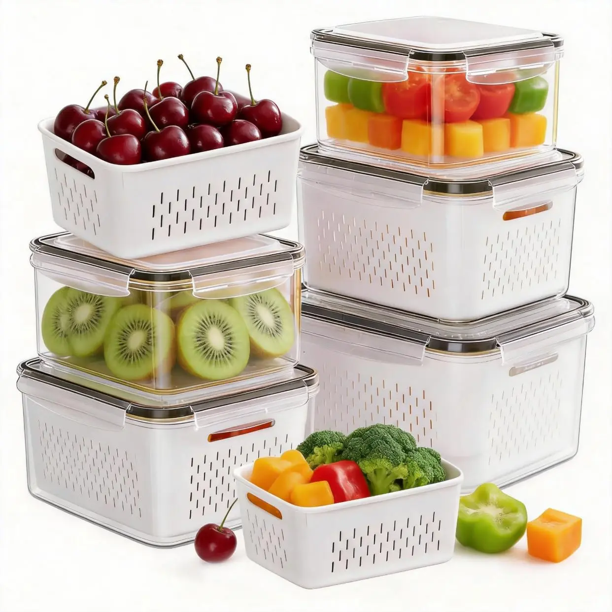 5 Pack Fridge Organizers and Storage, Stackable Fruit & Vegetable Storage Containers with Removable Colander, BPA-Free Food Storage Container for Salad, Berry, Lettuce, Vegetable & Meat Keeper Fresh Containers for Refrigerator Kitchen