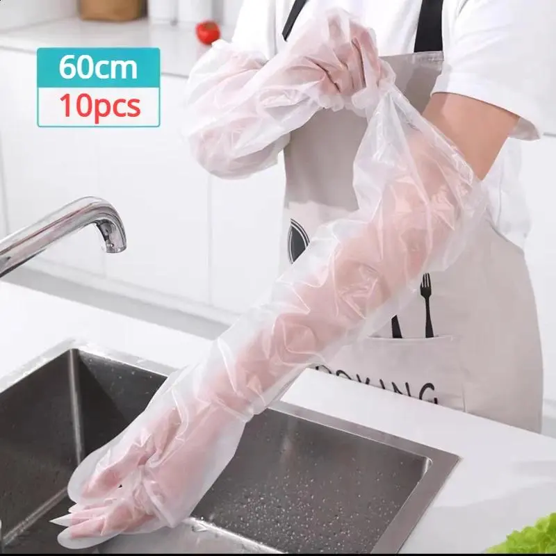 10pcs Transparent 60cm Disposable Waterproof Arm Guard Gloves, Elastic Drawstring, Lengthened for Kitchen & Household Cleaning
