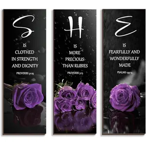 3 count Purple Bedroom Decor Purple Rose Wooden Wall Decor Purple Bathroom Decor Inspirational Farmhouse Office Signs With SHE  Words Decor For Women Girl Bedroom Home(Purple 12x4Inch)