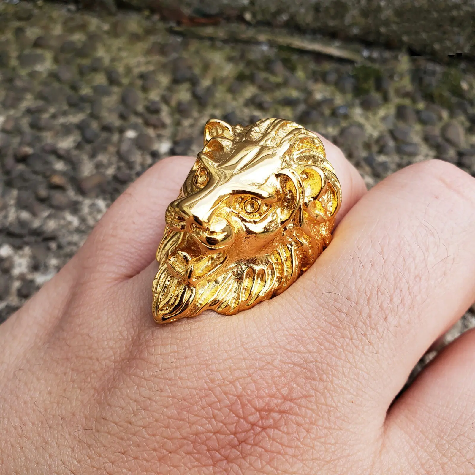 MaxBling81 Men's Figurative Lion Head Ring, Gold Tone Stainless Steel Animal Jewelry, Chunky Hip Hop Statement Piece for Casual Daily Wear, Exquisite Trendy Ring, Nugget Style Ring