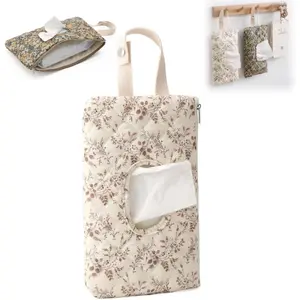 Baby Diaper and Wipes Organiser Pouch - Polyester, Lightweight, Portable, Soft, Resealable Zipper Pouch with Floral Refillable Wet Wipes Case, Lanyard, Zipper Bag for Home, Travel (Beige)