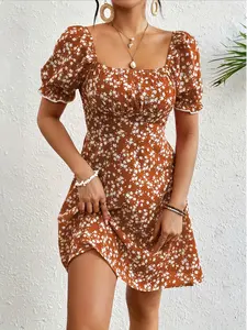 Square Neck Puff Sleeve Floral Mini Dress, Cottagecore Print, Slimming Fit, for Summer Daily Wear