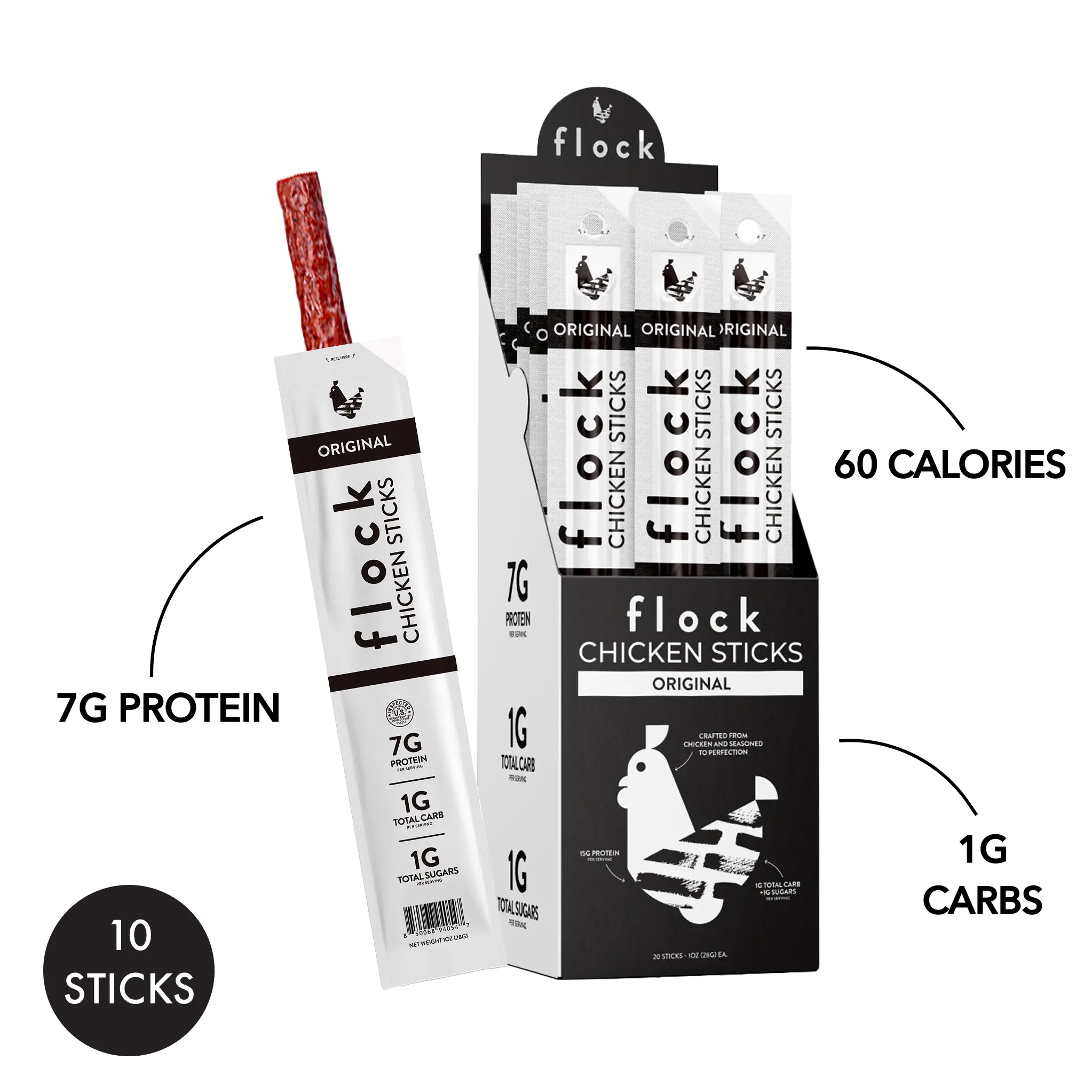 Flock Chicken Sticks 10-Pack - 7G Protein, 1G Carbs, 60 Calories - Pure Protein, Great Flavor, On-the-Go Fuel