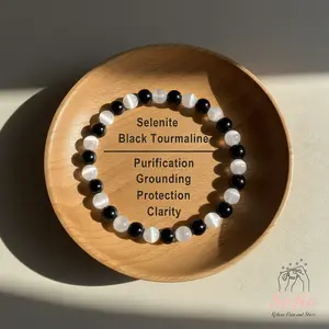 Sofia Empath Protection Bracelet 6mm Black Tourmaline Selenite Stone Stretch Healing Bracelet Boho Style for Daily Use Handmade Gift for her, gift for him