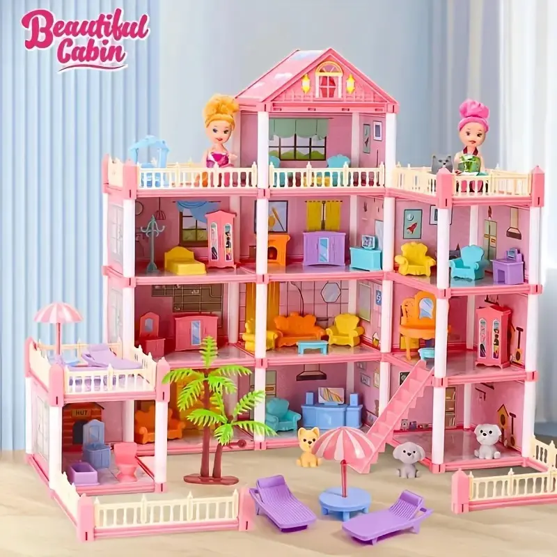 Dream Princess Castle Villa Set, Girls' Indoor Pretend Playhouse Toy, 11 Room House with X4 Boys, Educational DIY Building Kit