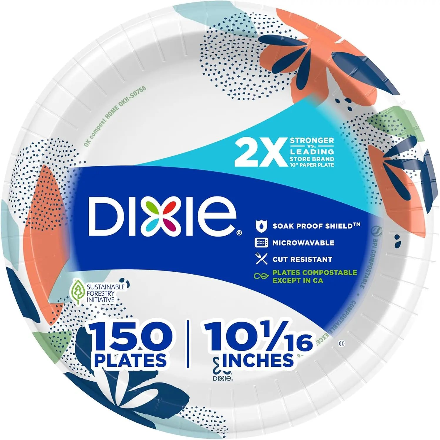 10-Inch Large Disposable Paper Plates, 150 Count, 2X Stronger*, Microwave-Safe, Soak-Proof, Cut-Resistant, for Everyday Meals