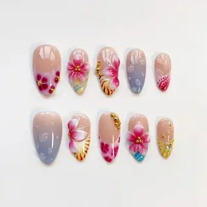 Pink Blooming Flower Nails/press on nails long almond nails/Elegant nails/3D Gel Nails/Brown zebra striped nails/Vacation Nails PQTMJL