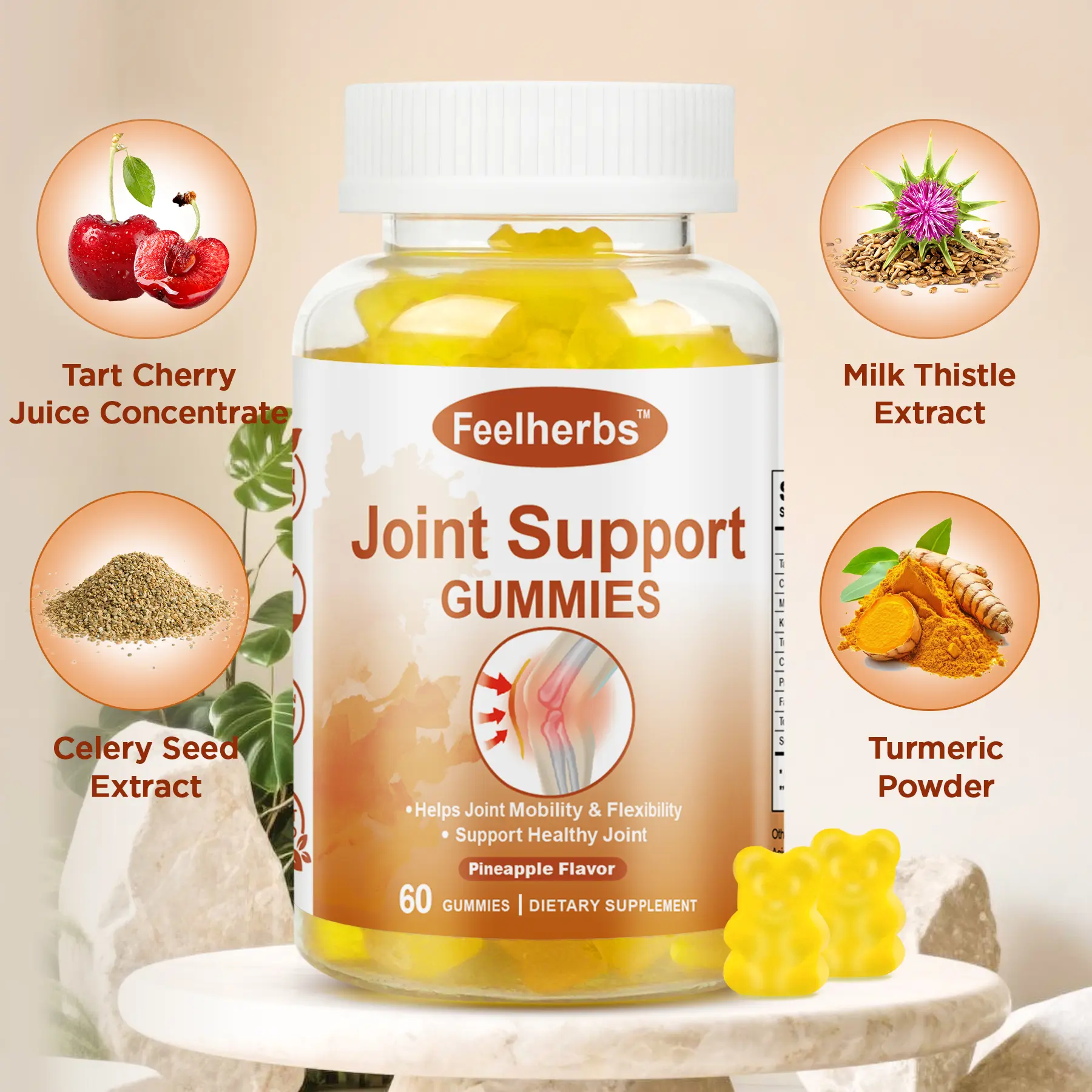 Turmeric Gummies Joint Health Dietary Supplement - Pineapple Extra Strength Edible Chewables for Adults, 60 Pieces, Tart Cherry Infused, Gluten-Free, Dairy-Free, Clean Formula, Supports Fitness, Healthcare, Natural Wellness Boost & Joint Flexibility