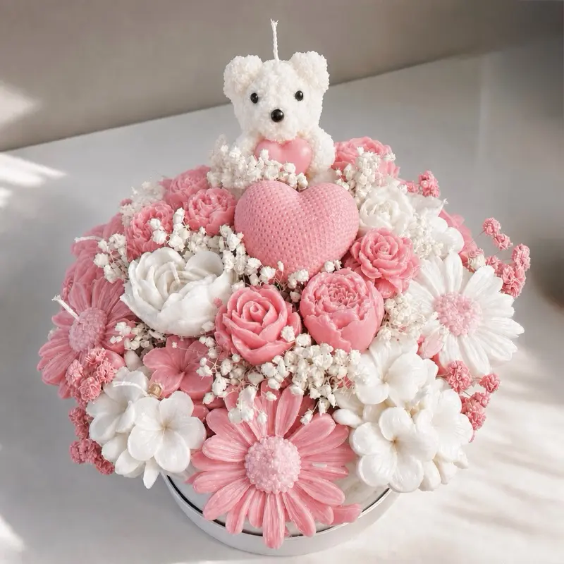 Round Aromatic Teddy Flower Candle Bouquet, Decorative Medium-Size Home Decor Accent for Living Spaces, Ideal Gift
