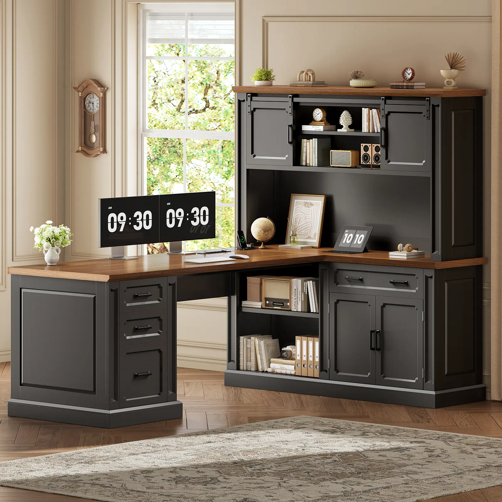 Sedeta 67-in Rustic Vintage Farmhouse L-Shape Executive Desk - Wood Grain Sturdy Office Furniture with Hutch, 4 Drawers, Sliding-Door File Cabinet, Built-In Power Outlet, Multiple Storage, Easy Home Office Setup