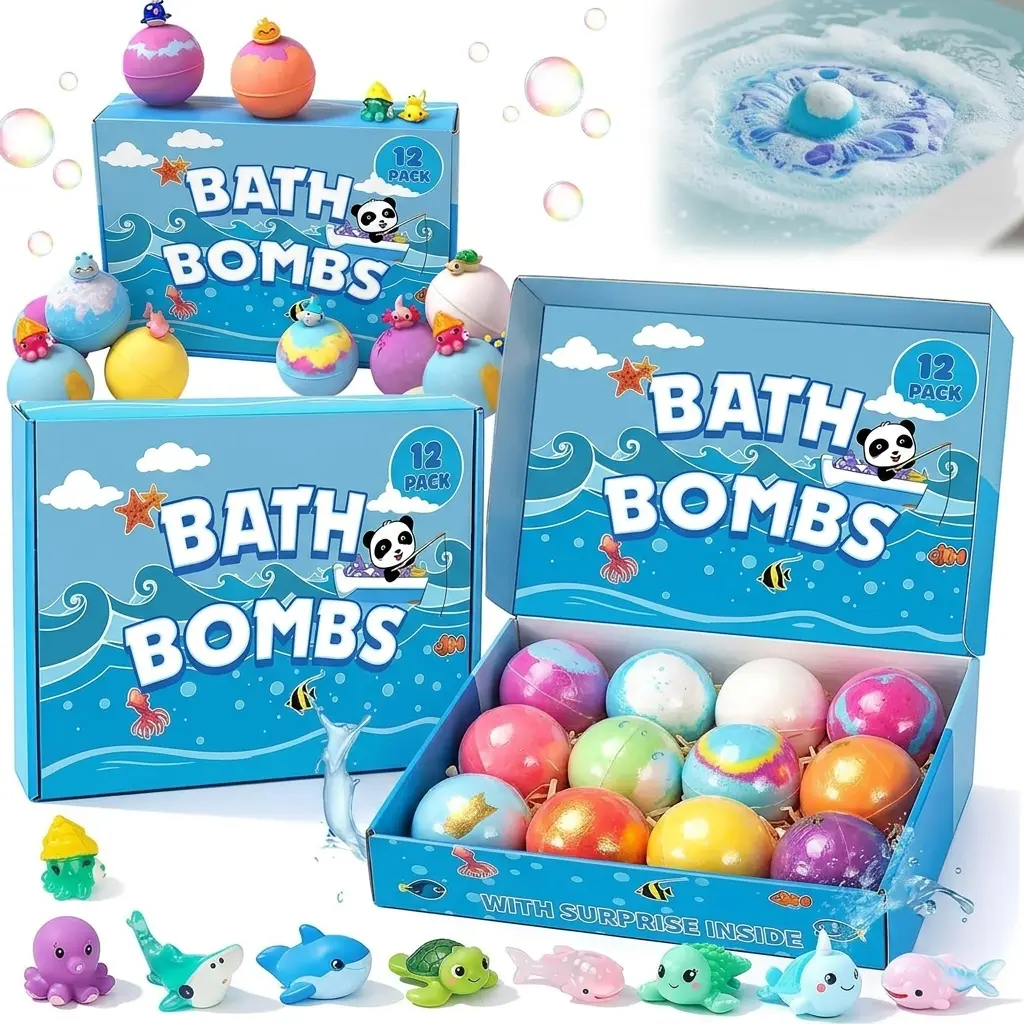 12 Pack Ocean Theme Kids Bath Bombs with Surprise Sea Animal Toy Inside, Natural Color Changing Fizzy Bubble Bath Gift Set, Sea Salt Spa Bath Fizzies for Boys Girls Birthday Gifts