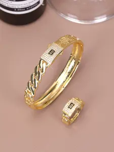 2Pcs Fashion Hip-hop 18K Gold-plated Zircon Domineering Bangle Adjustable Ring set for Men and Women Blingbling Jewelry Bangle Ring Perfect for Daily Wear Punk Style Accessory Statement Ring