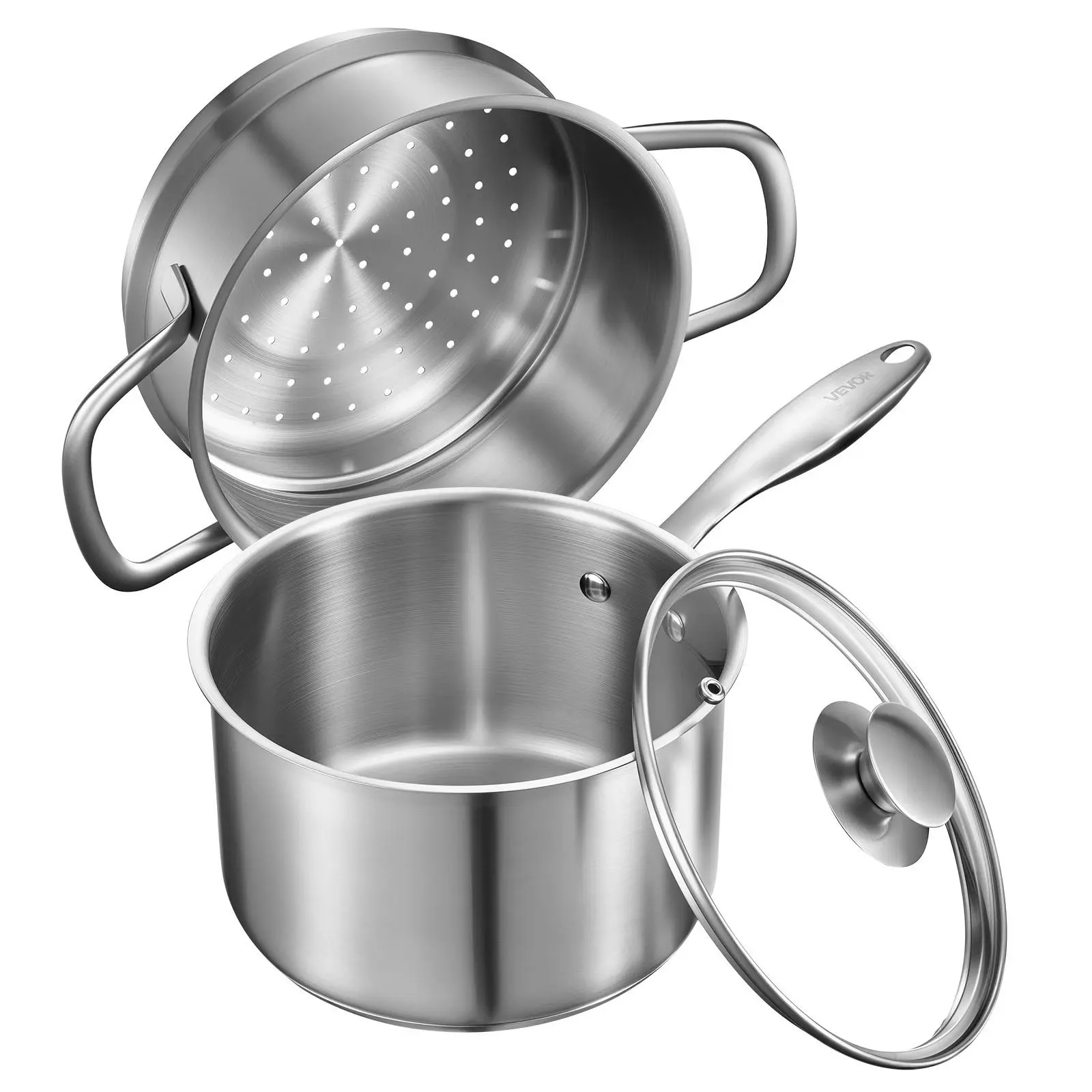 【Backtoschool】VEVOR 2.5 QT 2-in-1 Saucepan with Steamer, Metallic Stainless Steel Cookware with Glass Lid, Ergonomic Handle, Oven Safe, Dishwasher Safe, Induction-Powered Pans & Woks, Vegetable