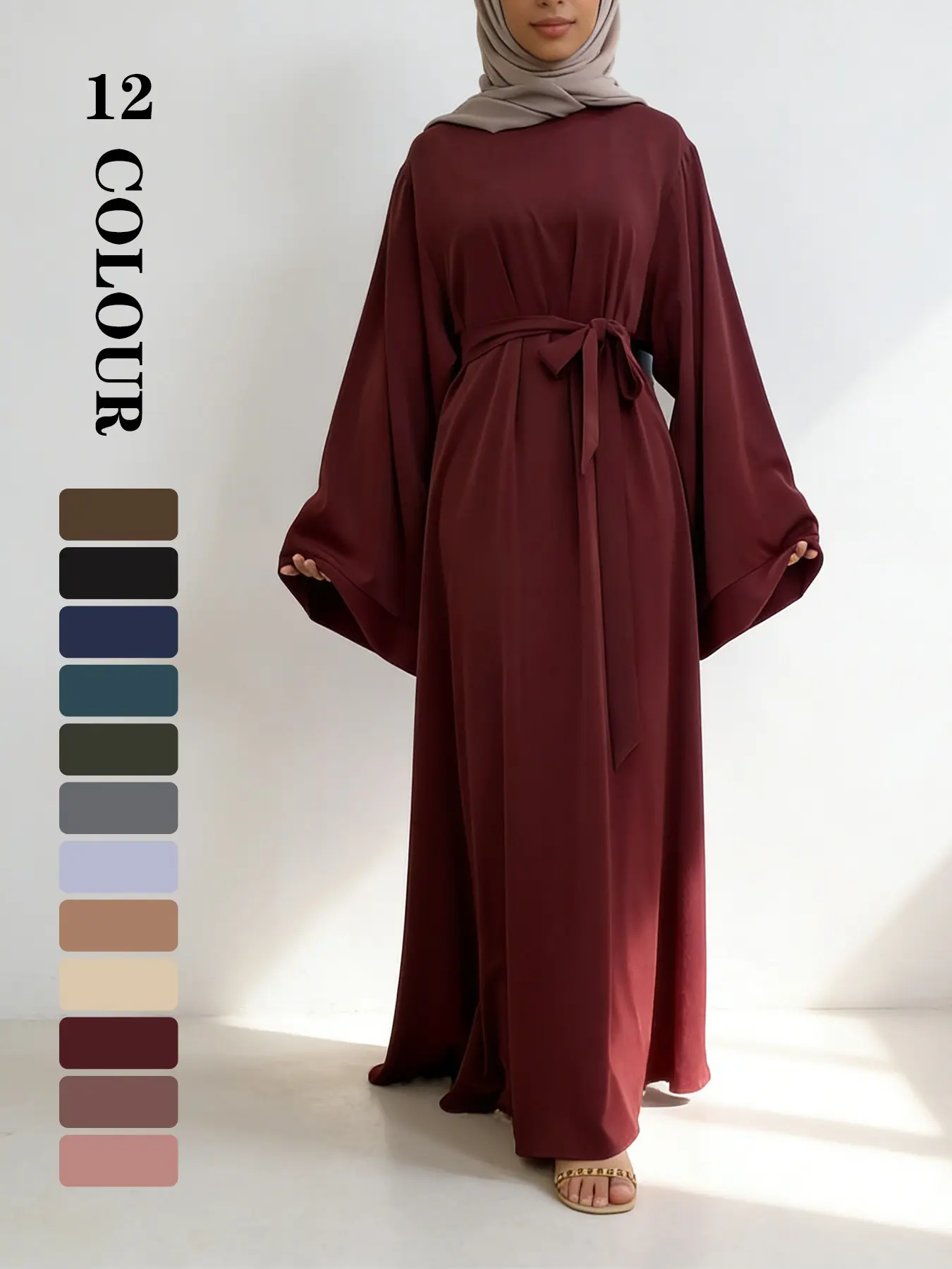 Spring Summer Loose Fashion Muslim Plain Long Sleeve Wide Hem Style Dress with Waist Belt, High Quality, 12 Colors, 5 Sizes Available, Classy Modest Islamic Clothing#modest abaya #OOTD