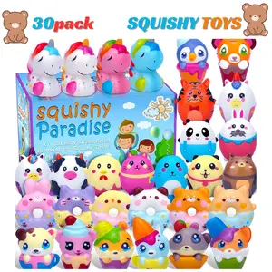30 Pack Squishy Toys for Kids Party Favors Bulk, Kawaii Animals Squishies Pack Unicorn Donuts Birthday Gifts for Boys Girls Classroom Treasure Prizes (with Keychains)
