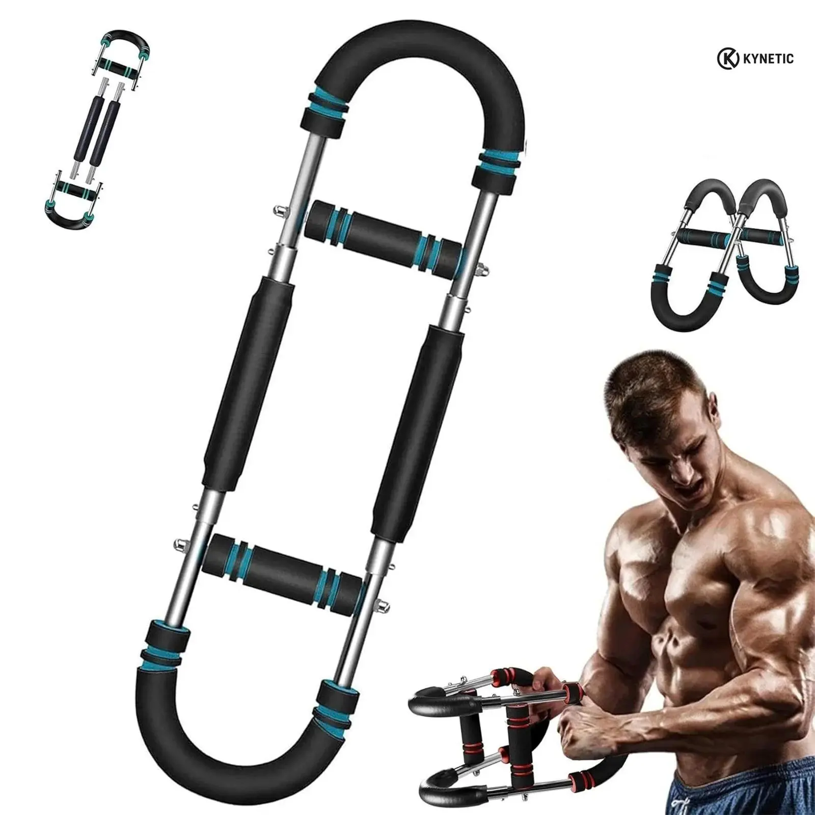 Kynetic 2025 Pro Adjustable Arm & Chest Muscle Trainer- Detachable Stainless Fitness Tool with Blue Grips, Black, Adjustable Resistance, Anti-Slip, Home Workout Equipment Strength Training Accessory