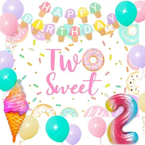 LaVenty Two Sweet Birthday Party Supplies Decorations Two Scoops of Fun Birthday Decorations for Ice Cream 2rd Birthday Decoration Backdrop Banner Ice Cream Birthday Party Decoration
